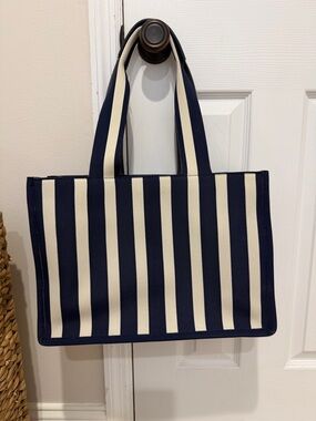 Striped Navy and Cream Tote Bag - Classic Canvas Carryall